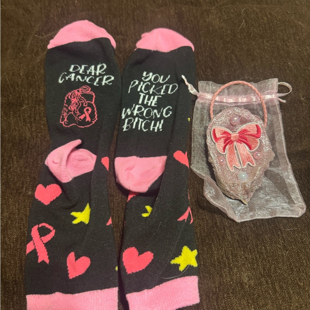 Breast Cancer Awareness Socks & Homemade Decorated Oyster Shell Ornament